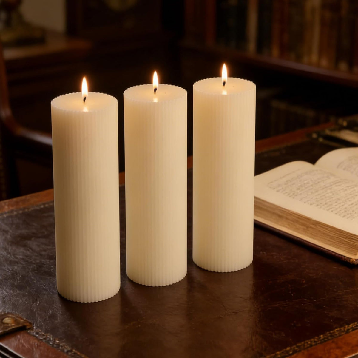 Tall Ribbed Pillar Candles 3x8 Inch 3 Pack White Soy