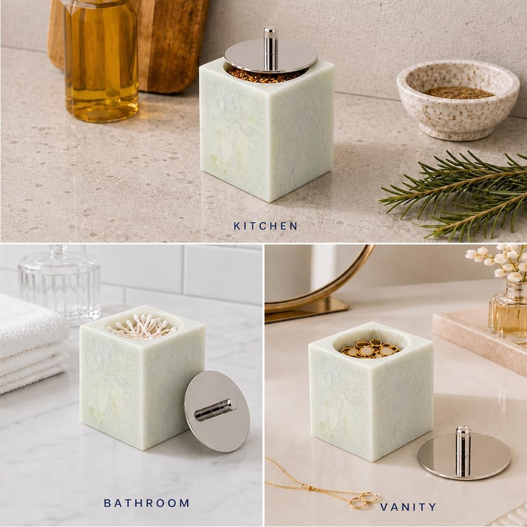 Marble Canisters QTip & Greed Marble Cotton Swab Holder with Lid