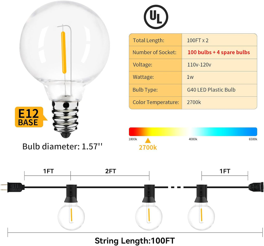 200ft 2-Pack Outdoor String Lights,Dimmable G40 LED String Lights with 104 Shatterproof Clear Bulbs UL Approval Waterproof Globe 1W 2700K Outdoor Lighting for Backyard Porch Cafe Party Wedding Garden