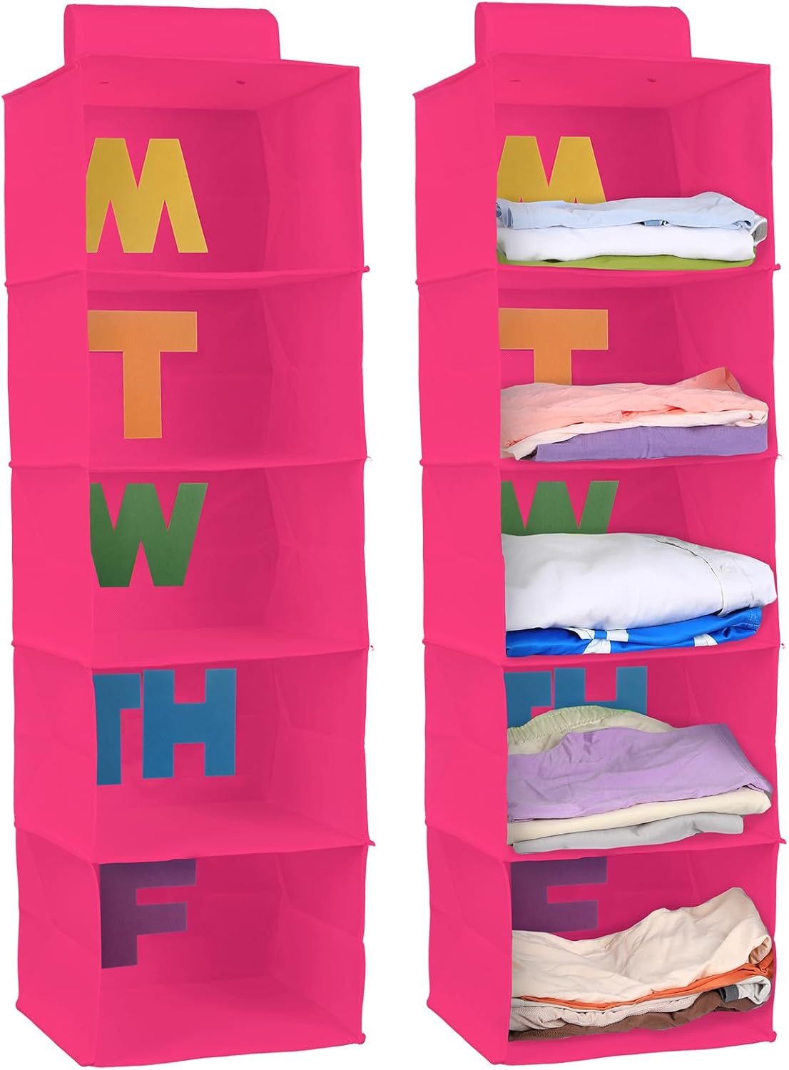 Hahafelt 2pcs 5 Shelf Weekly Clothes Organizer for Kids, Rose Red
