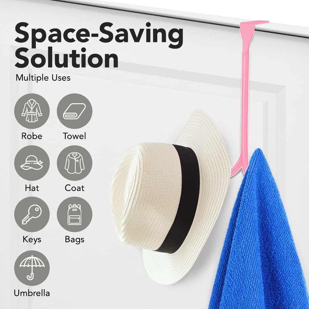 2-Pack Over The Door Hooks - with 2 Hang Heads & Snug Fit Pads Heavy Duty Hook for Hanging Coats, Towels, Caps & Robes - Elegant Matt Finish - No Drill Hanger Organizer - Pink
