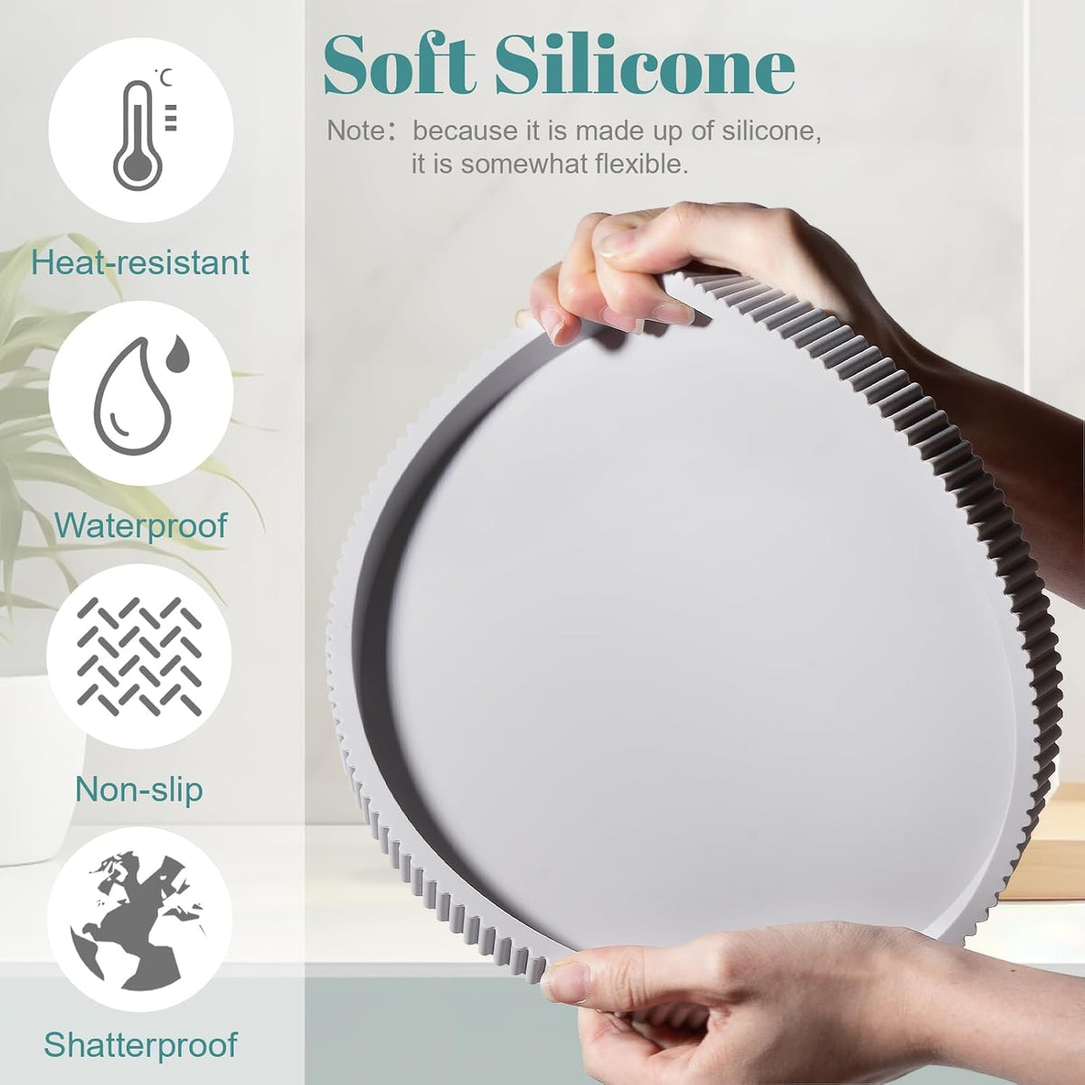 Silicone Bathroom Tray Round Perfume Tray Coffee Table Decor, 9" Light Grey