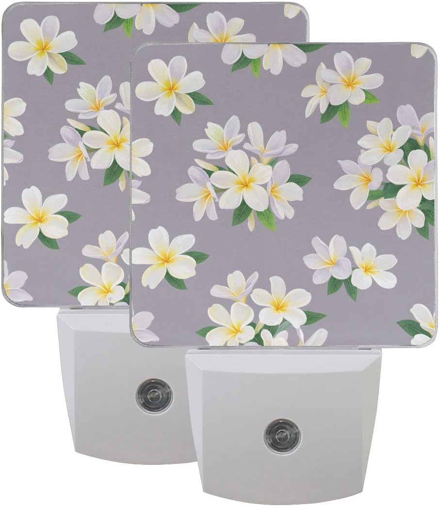 Plug-in LED Night Light Lamp Tropical Plumeria Flowers Printing with Dusk to Dawn Sensor for Bedroom, Bathroom, Hallway, Stairways, 0.5W-2 Pack