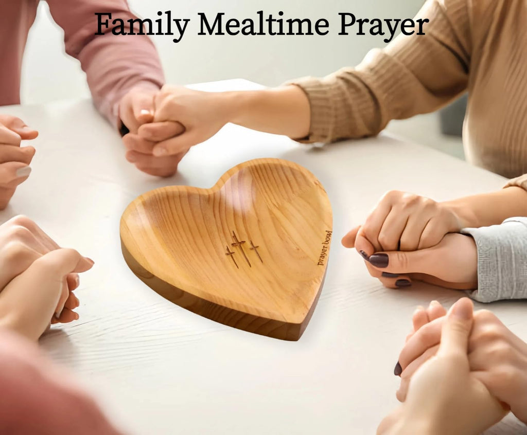 Wooden Prayer Bowl with 24 Cards & Pine Cross, Heart Shaped Christian Premium Solid Heart Container Love Bowl for Home Decor Religious Christmas Men Women Gifts (300g)