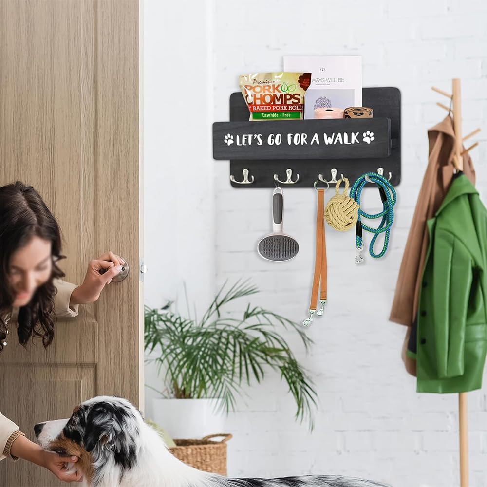 Wood Dog Leash Holder for Wall, with 4 Double Key Hooks