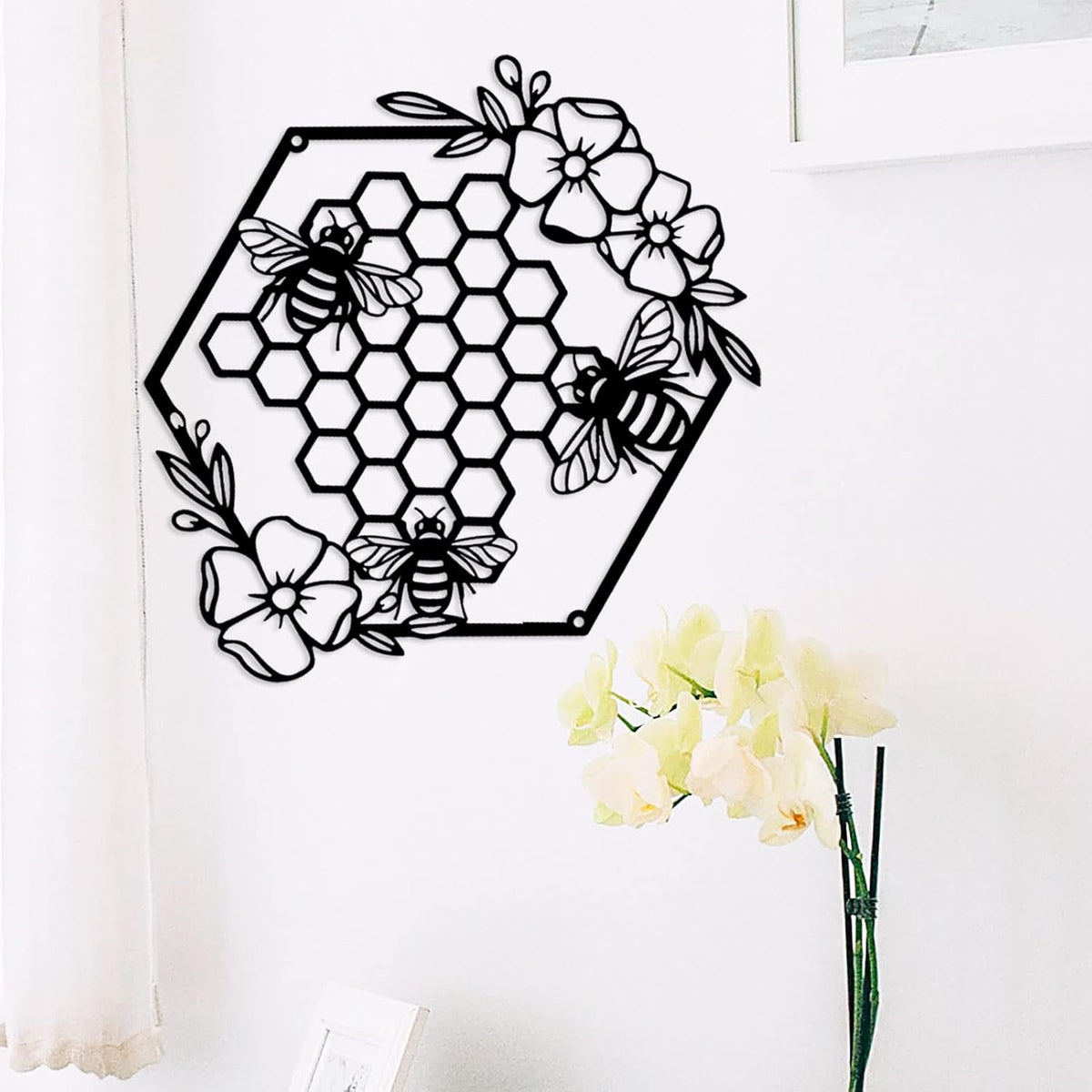 Yuzhuo Metal Bee Wall Art - Farmhouse Honey Bees and Hives with Flowers - Black