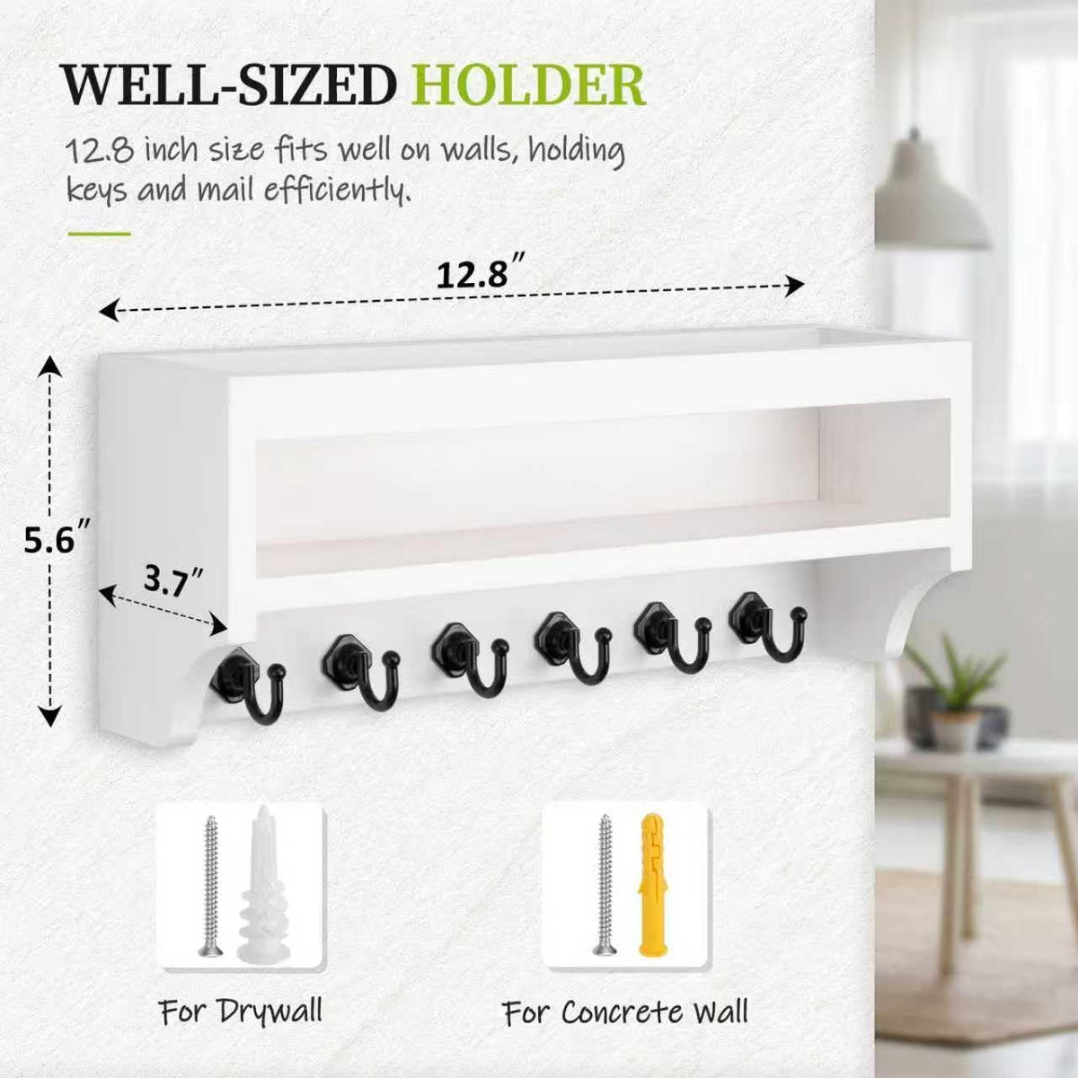 Nekon Key Holder Wall Mount, Pine Wooden Mail Organizer, White