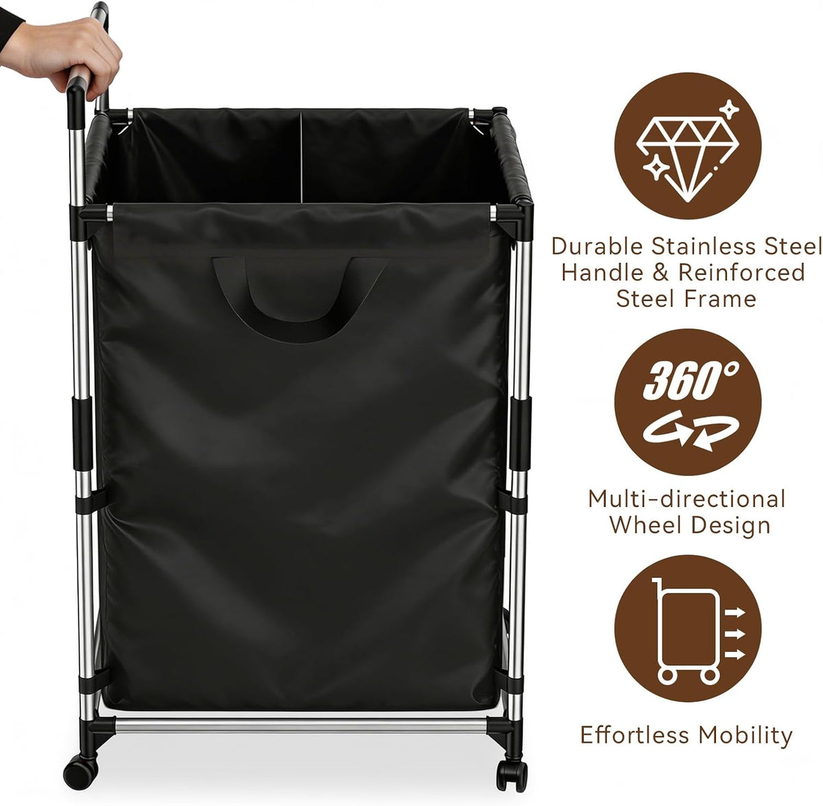 Laundry Hamper 2 Section with Wheels - Rolling Laundry Basket,Black