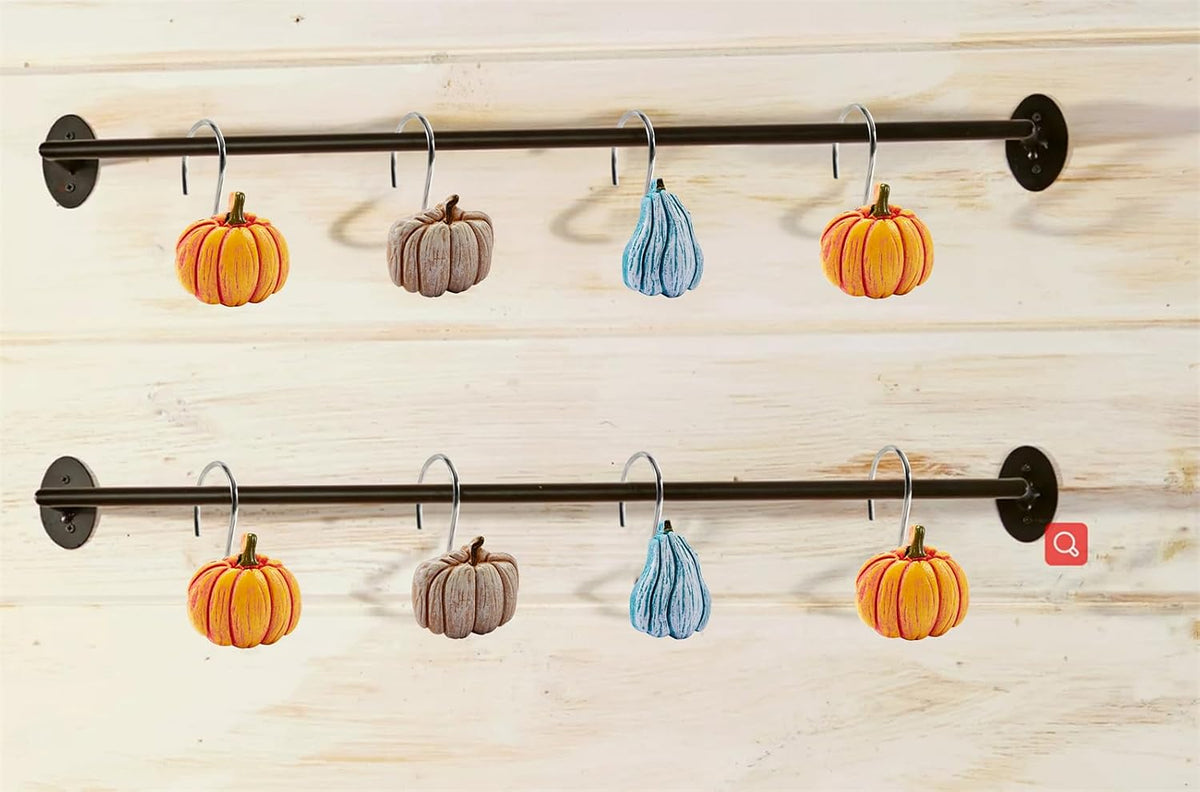 12PCS Cute Pumpkins Decorative Shower Curtain Hooks Rings for Fall Autumn Shower Curtains Bathroom Decorations Accessories Set, Metal Rustproof Thanksgiving Farmhouse Rustic Fall Shower Curtain Hooks
