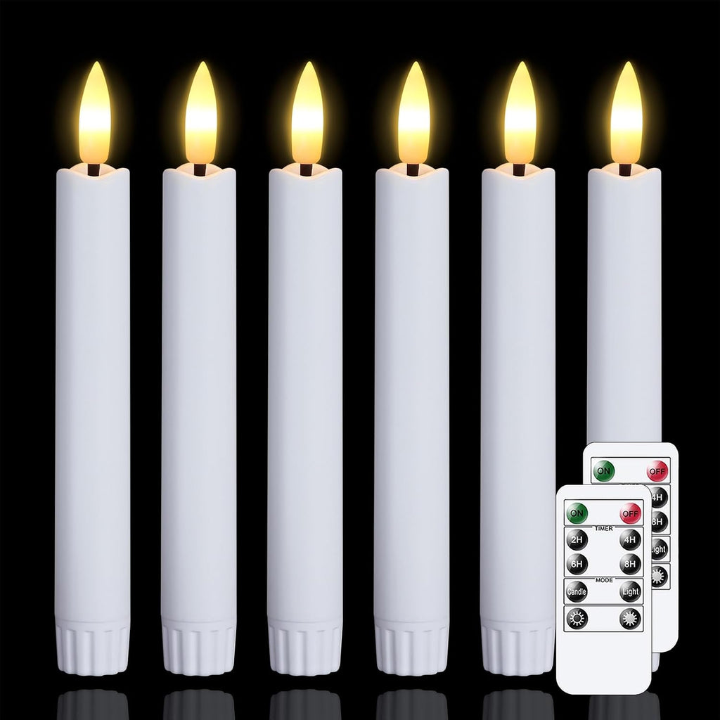 6.4 Inches Plastic LED Taper Candles with Remote and Timer,White Flameless Battery Operated Flickering Candlesticks,Pack of 6 Flameless 0.78” Diameter 3D-Wick Tall Window Candles,Long-Lasting