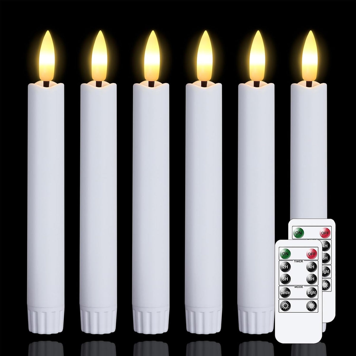 6.4 Inches Plastic LED Taper Candles with Remote and Timer,White Flameless Battery Operated Flickering Candlesticks,Pack of 6 Flameless 0.78” Diameter 3D-Wick Tall Window Candles,Long-Lasting