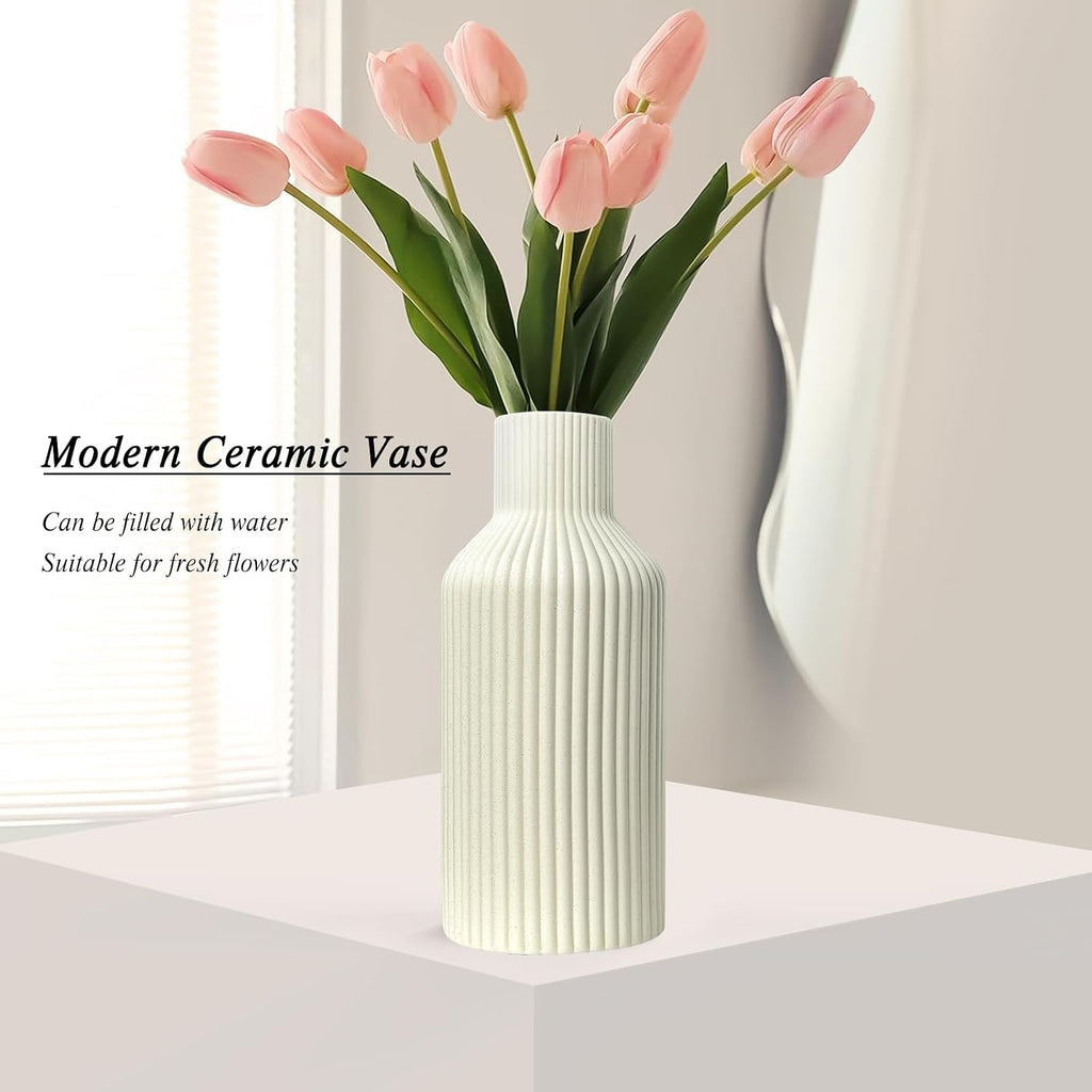 Ceramic Flower Vase, Minimalist Modern Home Decor, Matte Finish Pampas Grass Vase for Table, Fireplace, Shelf, Mantel, Entryway and Centerpieces (Off White)