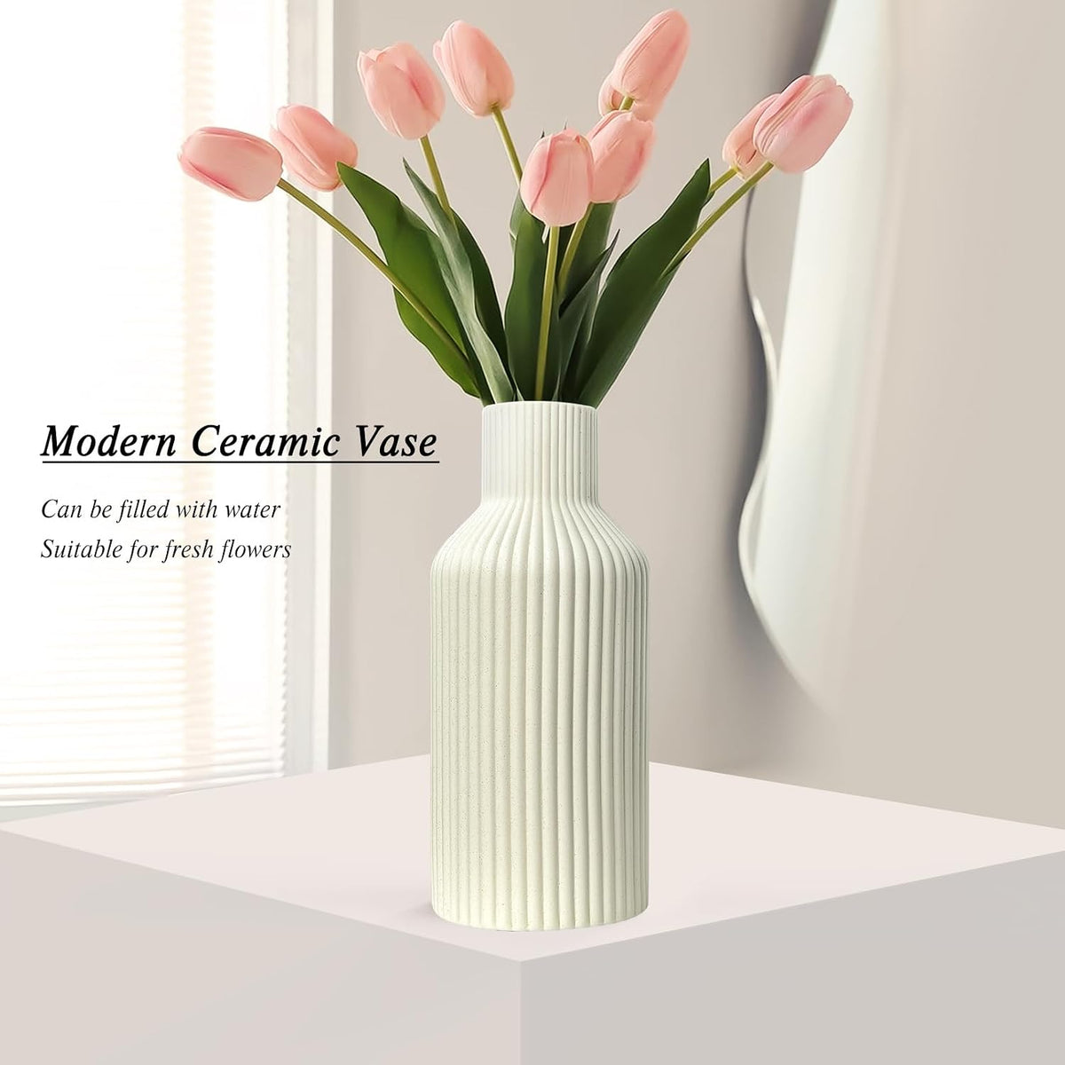 Ceramic Flower Vase, Minimalist Modern Home Decor, Matte Finish Pampas Grass Vase for Table, Fireplace, Shelf, Mantel, Entryway and Centerpieces (Off White)
