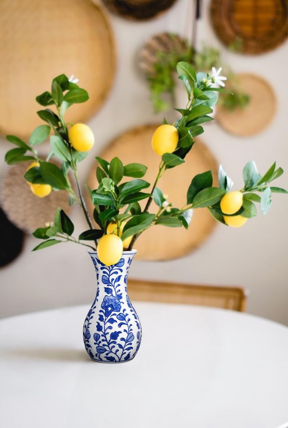 Set of 2 Small Blue and White Ceramic Vase, 6" Bud Chinoiserie Flower Vase