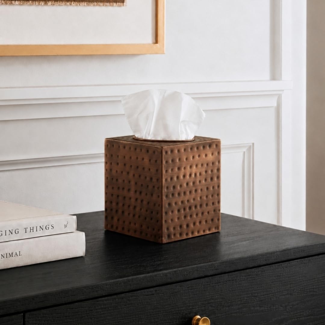 Monarch Abode Tissue Box Cover Square – Hand Hammered Antique Copper Metal Tissue Holder Box for Bathroom Accessory, Aesthetic Decorative Facial Napkin Cube for Modern Home Decor