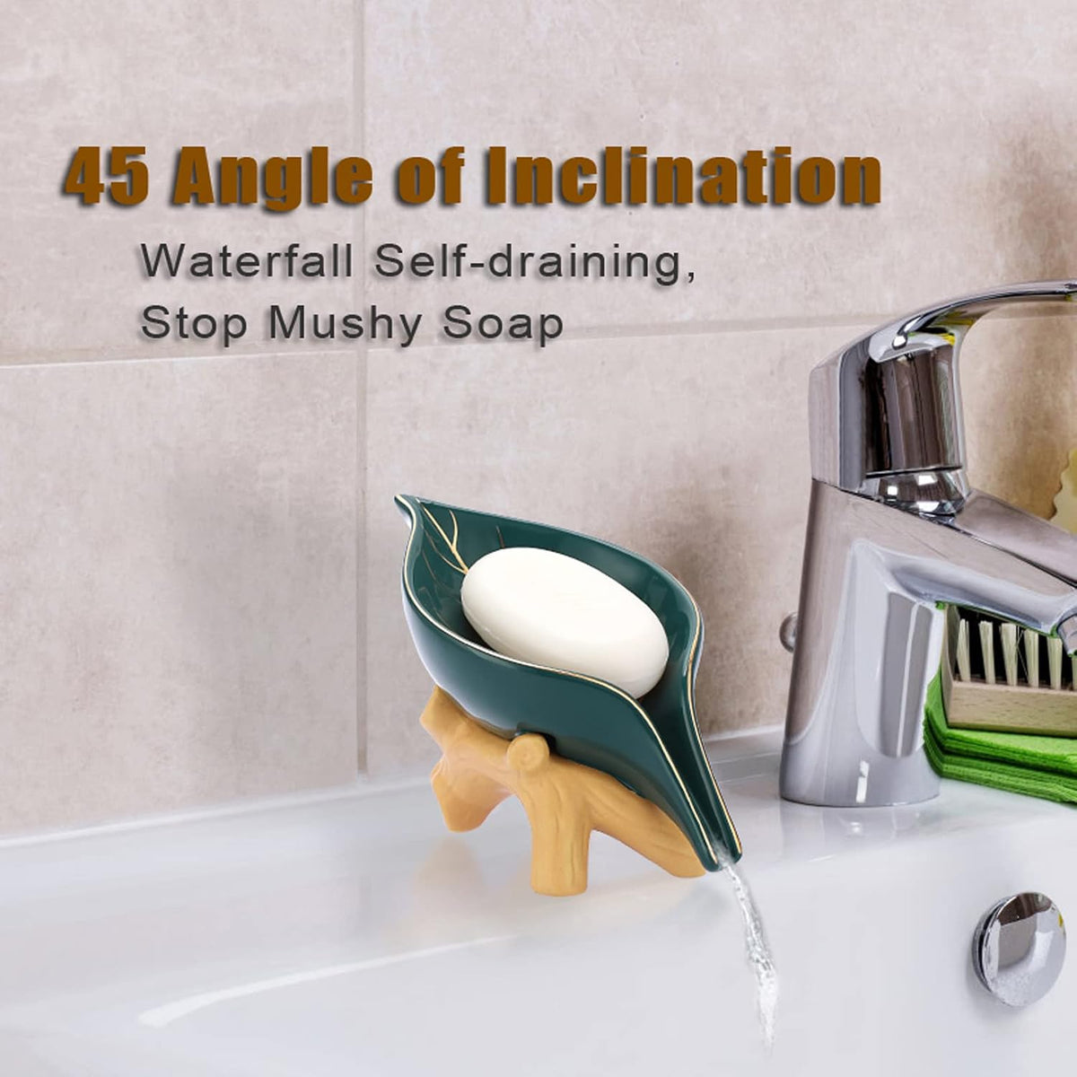 JUXYES Ceramic Leaf Shape Self Draining Waterfall Soap Dish Holder