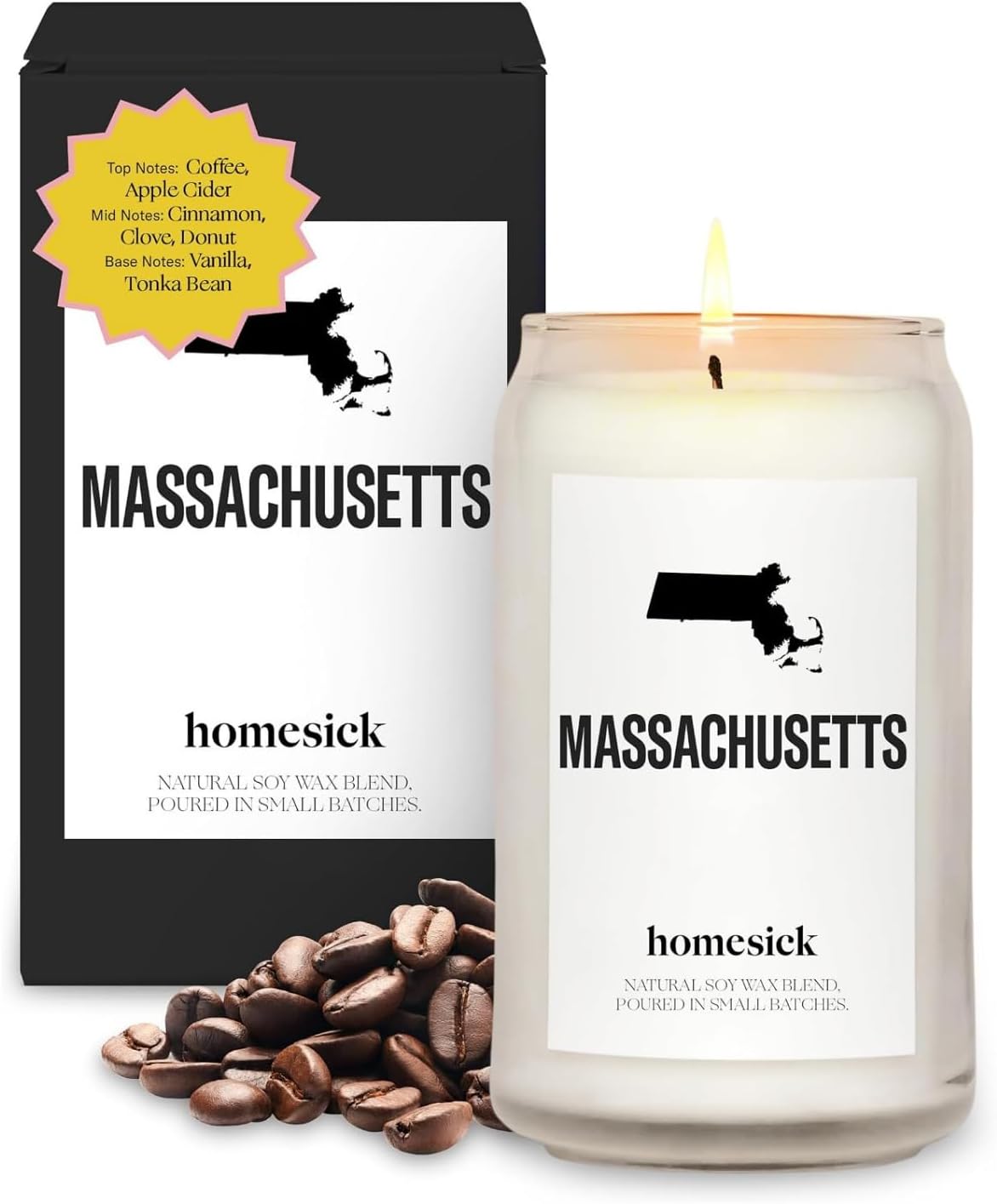 Homesick Scented Candles for Home (Massachusetts) - 13.75 oz Long-Lasting Soy Wax Jar Candle for Women & Men for All Occasions, 60-80 Hours Burn Time - Notes of Coffee & Apple Cider