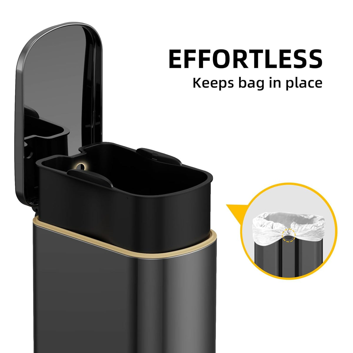 2.6 Gal Bathroom Trash Can with Soft Close Stay Open Lid, Small Rectangular 10L Stainless Steel Waste bin for Narrow Space, Waterproof, Titanium Black