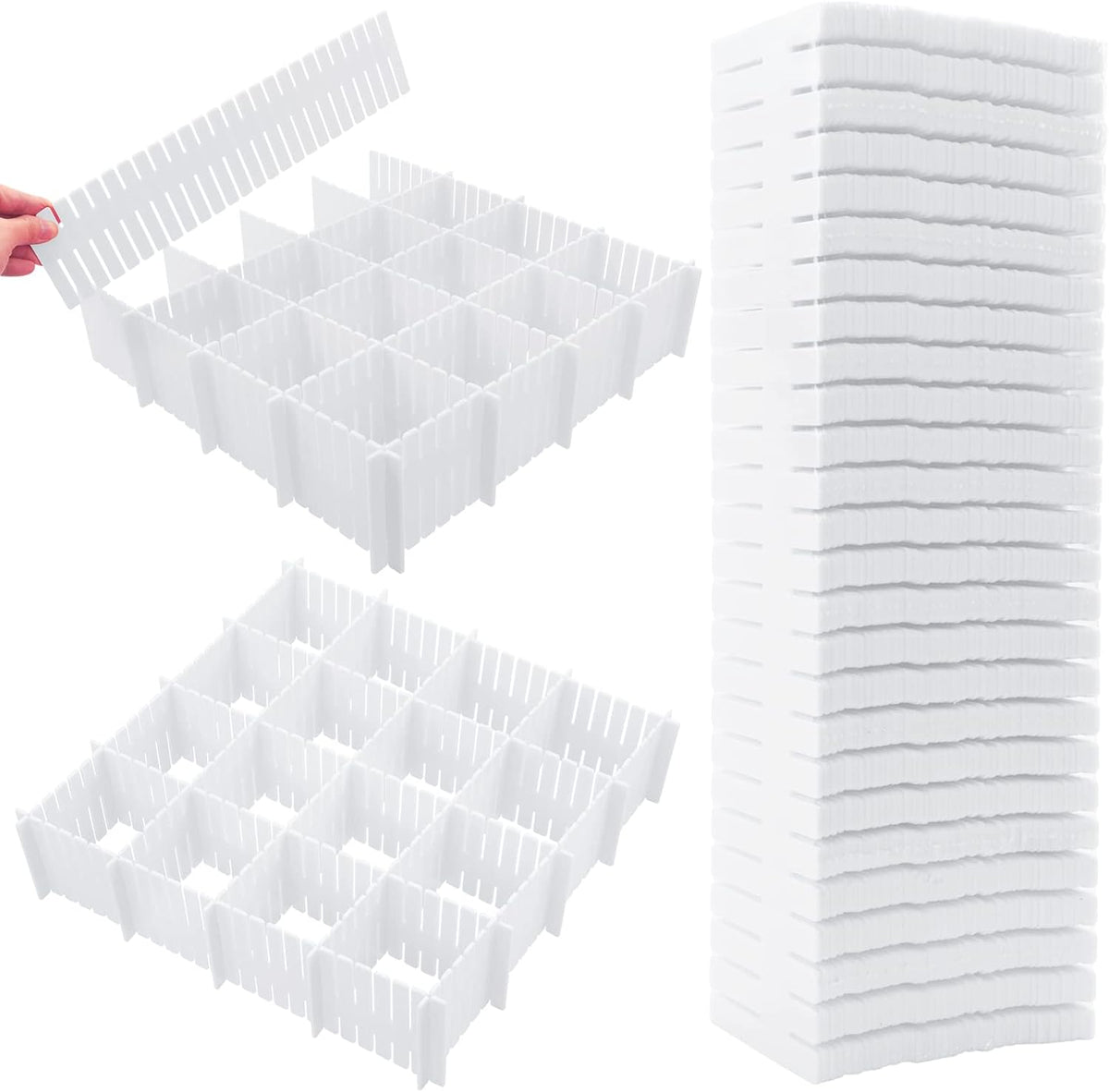 45 Pack Drawer Dividers, Plastic Adjustable Drawer Storage Organizer for Tidying Clutter Socks, Underwear, Makeup, Kitchen, Dresser White