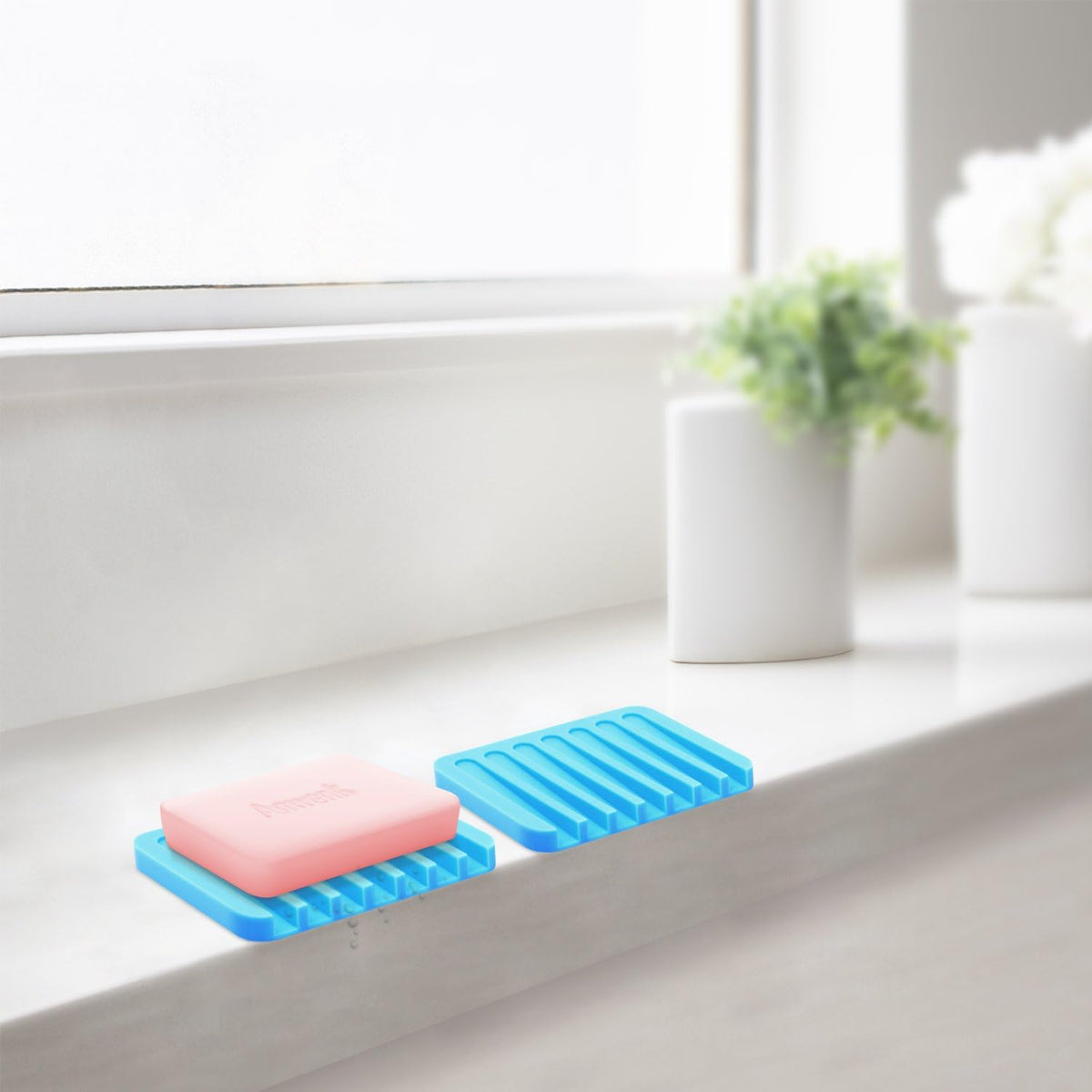 Anwenk Soap Dish Waterfall Soap Saver Tray Soap Holder Drainer for Shower/Bathroom/Kitchen/Counter Top, Keep Bars Dry & Clean,Easy Cleaning, Flexible Silicone-Blue,3 Pack