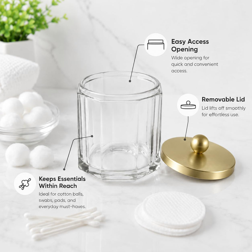 Clear Transparent Apothecary Octagional Shaped Glass Canister Jar With Gold Metal Lid Cover for Bathroom Organization, Cotton Balls, Q Tips, and Small Accessories, Bathroom Storage
