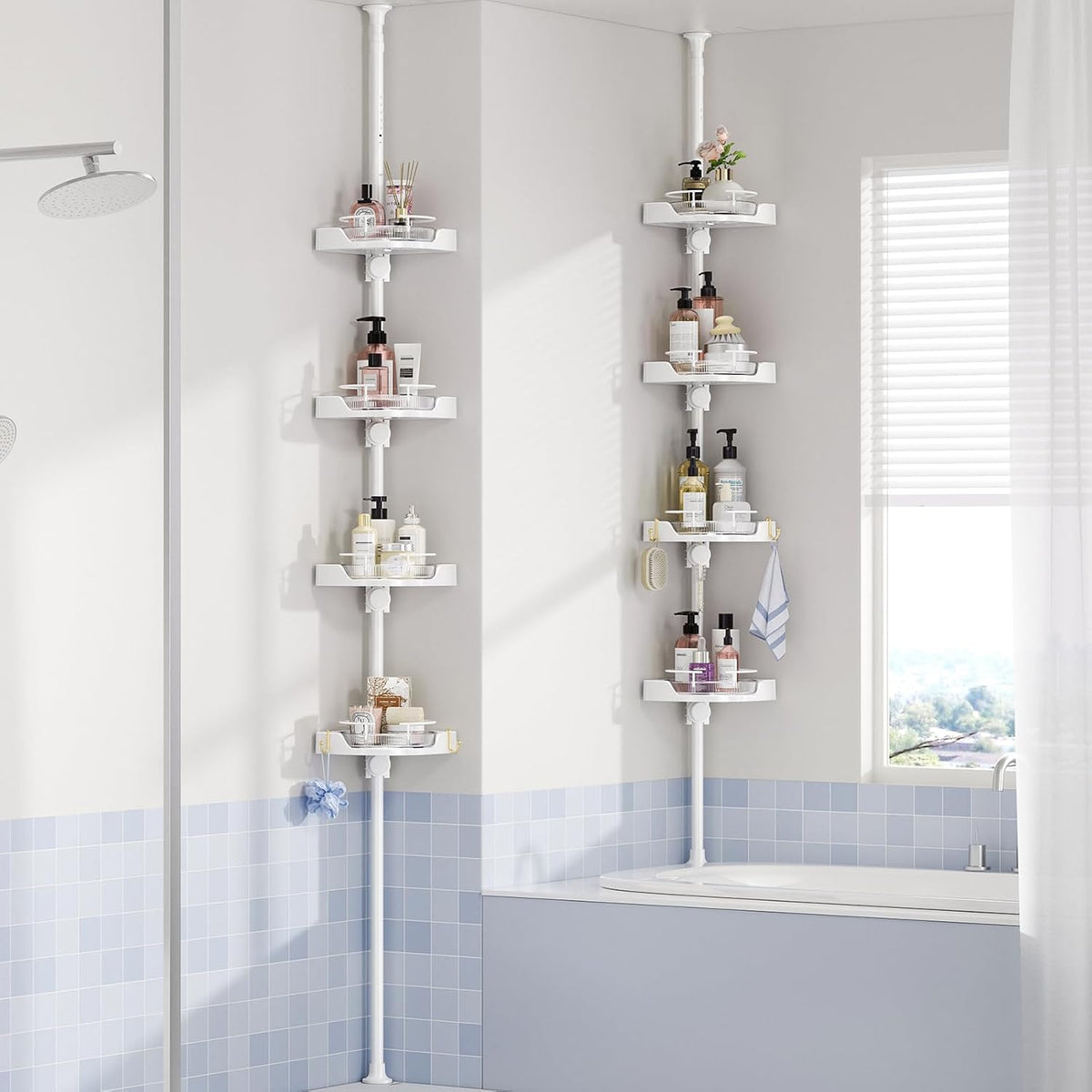 shuang qing 360° Rotating Corner Shower Caddy Tension Pole Organizer, White