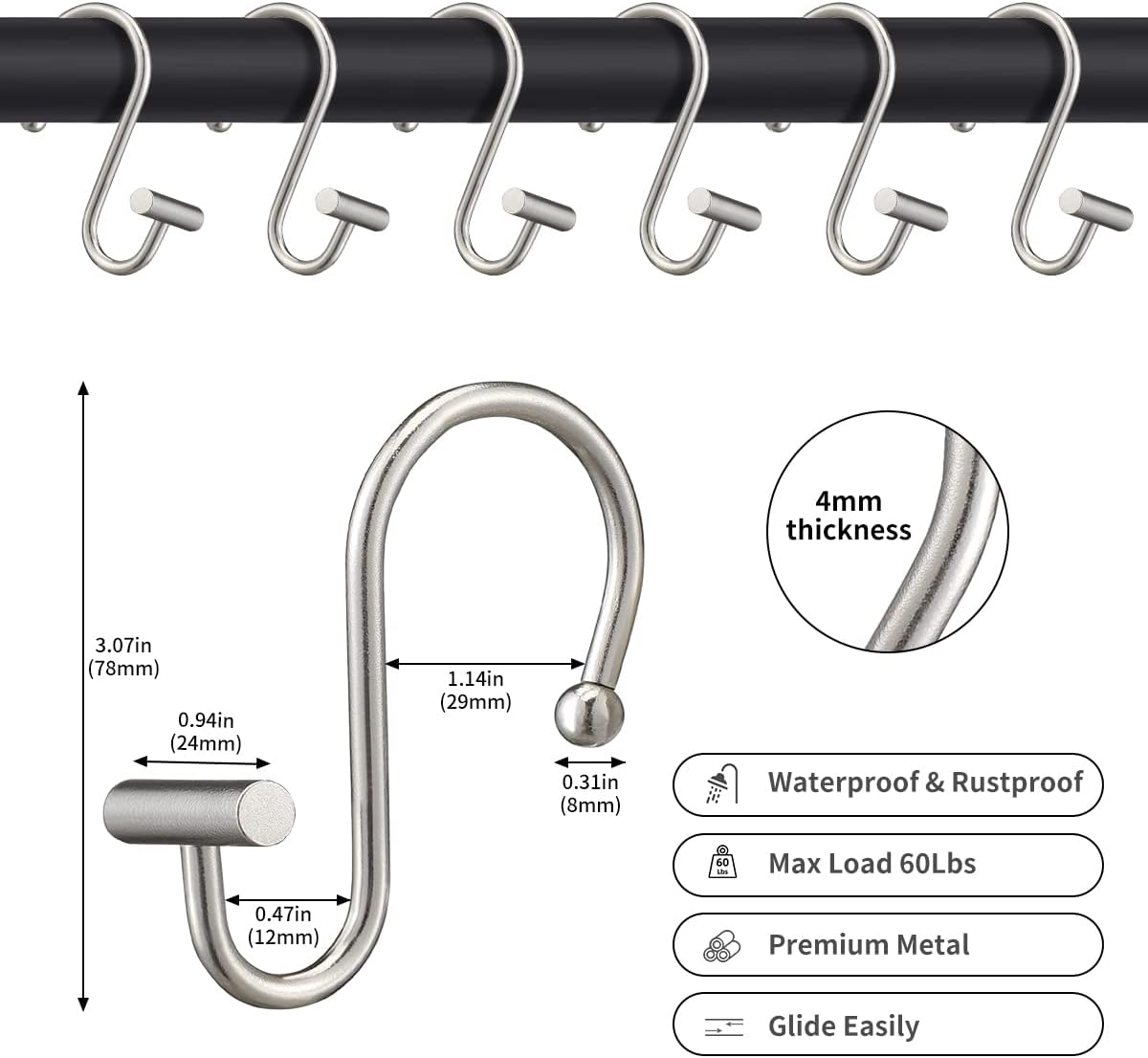 Gracelife Shower Curtain Hooks,Set of 12 Rust Resistant Metal Shower Curtain Rings for Bathroom,T-Bar Decorative Hooks Hangers for Shower Rod (Nickel)