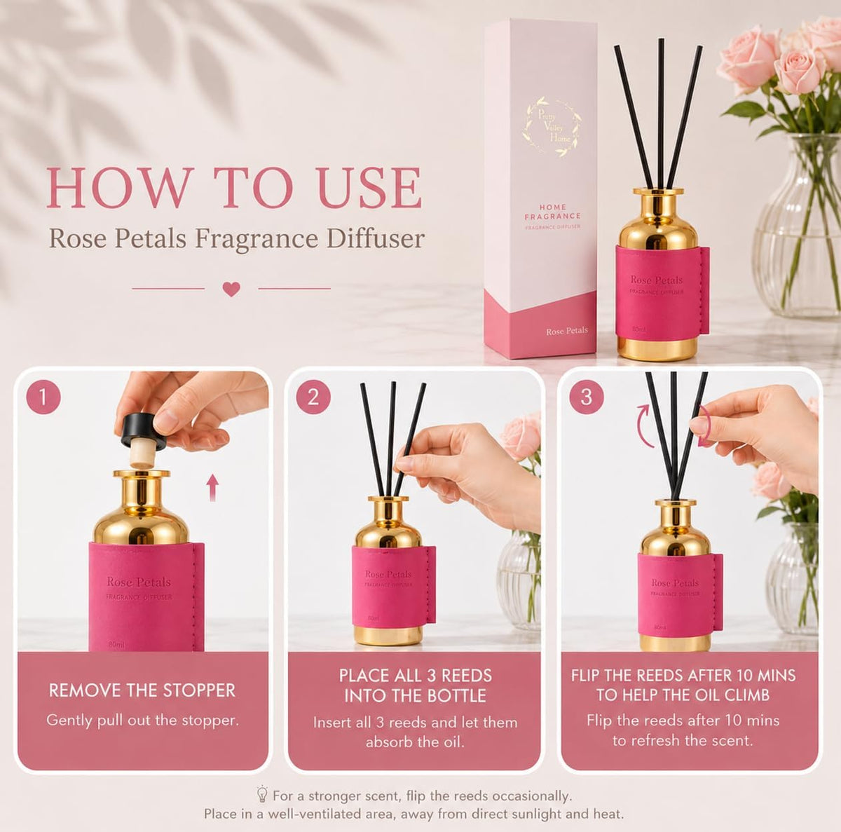 Reed Diffuser Set, Pretty Valley Home Diffuser 80Ml / 2.7 fl OZ Gift Box - Includes Reed Diffuser Sticks, Long Lasting Fragrance Oil and Glass Bottle for Office Living Room Decor (Rose Petals)