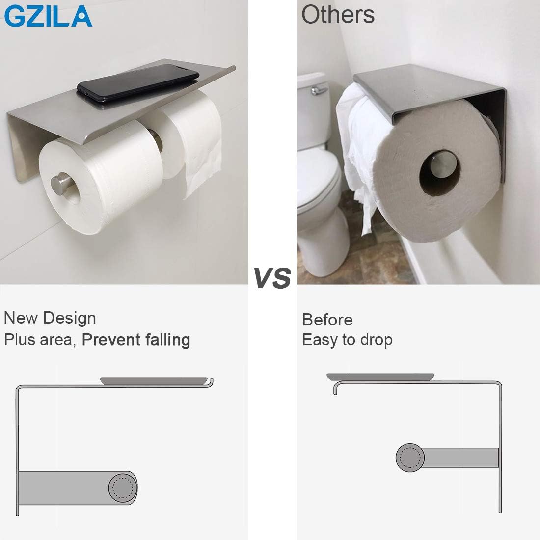 Large Double Toilet Paper Holder with Shelf, GZILA Dual Toilet Paper Rolls Holder Wall Mounted, Bathroom Mobile Phone Storage Rack, Tissue TP Dispenser, SUS304 Stainless Steel Brushed Nickel