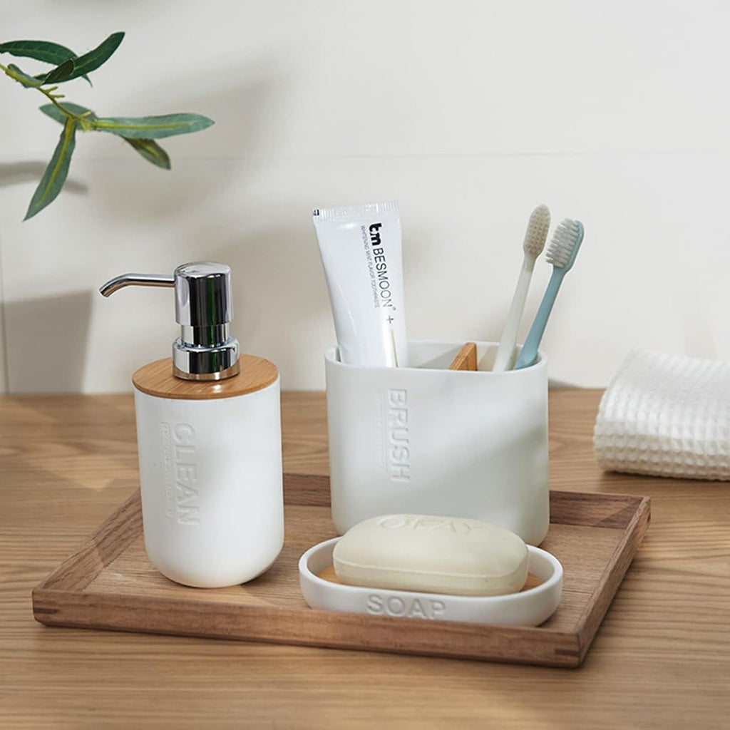 Toothbrush Holders Bamboo Electric Toothbrush Holder Bathroom Storage Organizer Countertop for Toothpaste, Floss, Razor, White