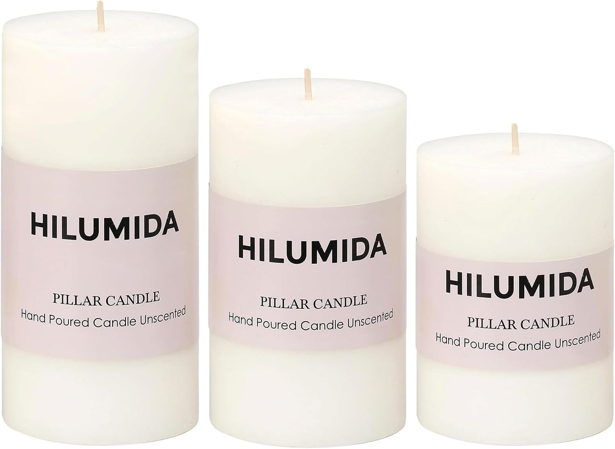 White Pillar Candles Set of 3 - Hand-Poured Unscented Candles,Smokeless Dripless Candles for Dinner Table and Home, Set of 3 in Different Sizes (3"x4", 3"x5", 3"x6")