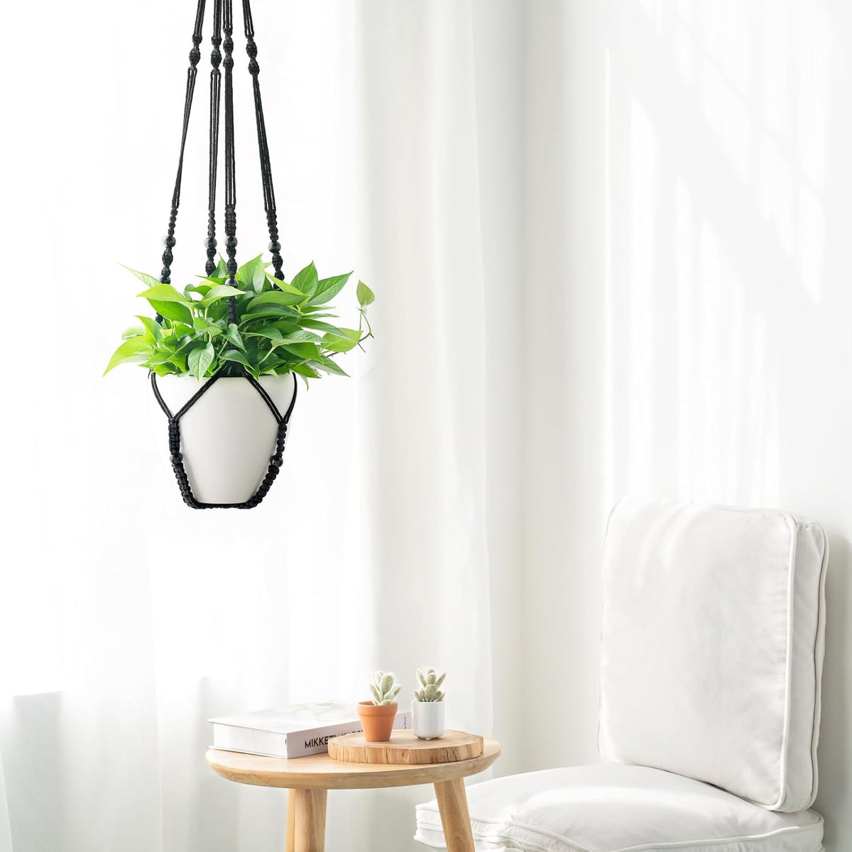 Mkono 43 Inch Macrame Plant Hanger Indoor Hanging Planter Basket Black 1Pc