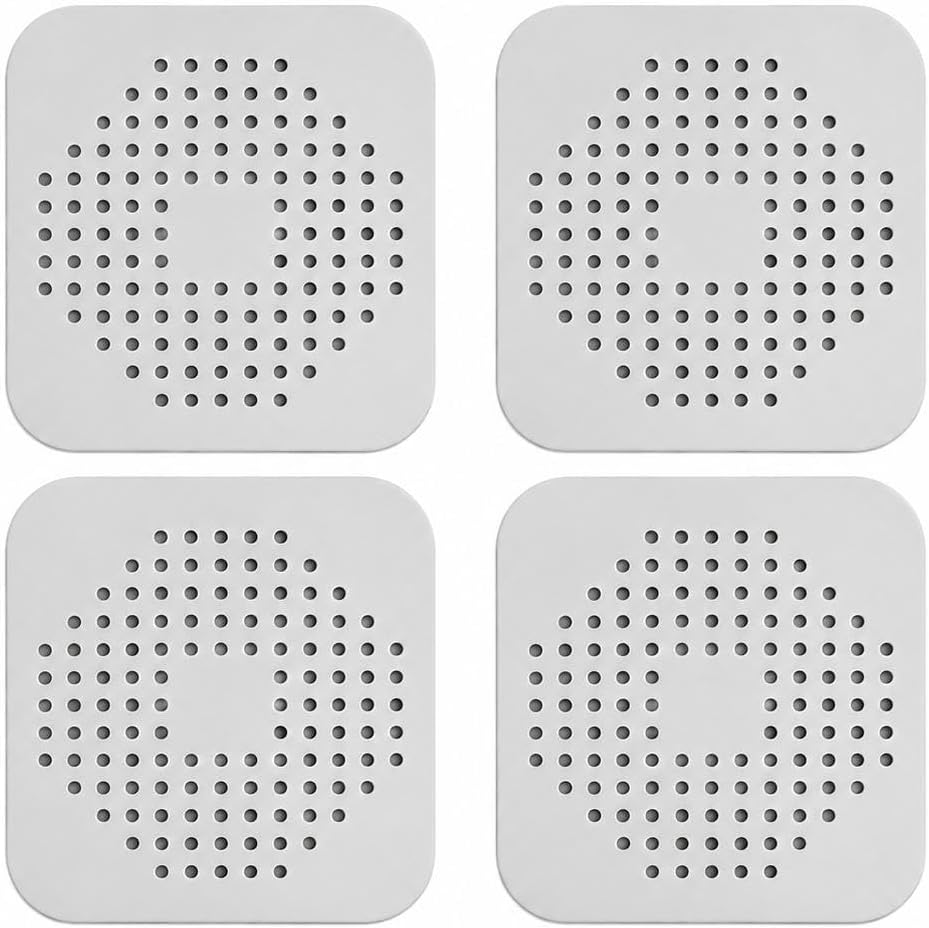 Hair Drain Catcher Set, Square Shower Cover 4-Pack (Grey) | Silicone Hair Stopper with Strong Suction Cups, Bathroom and Sink Protector Accessories, Simple Installation for Tub and Basin