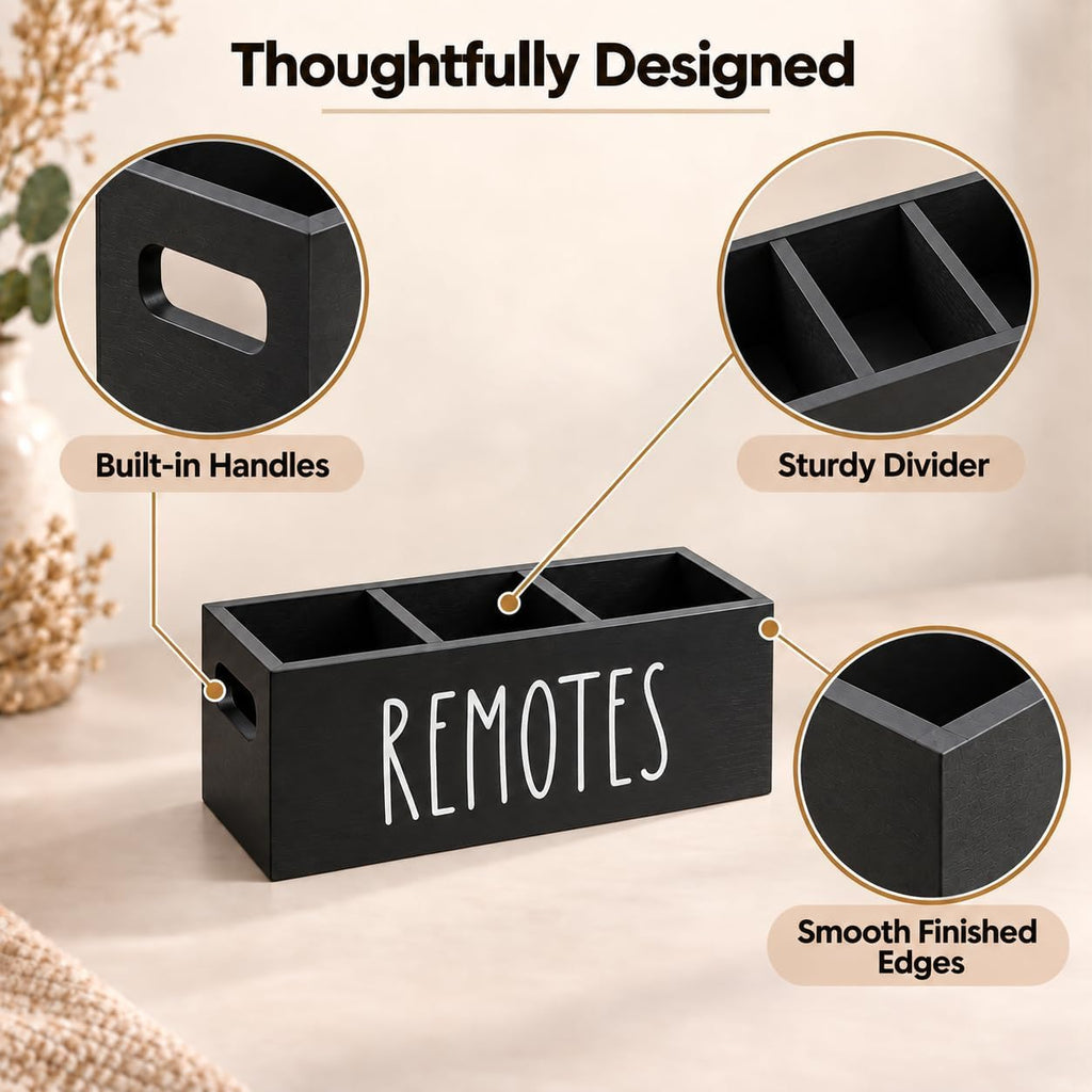 Wooden Remote Control Holder 3 Slots - Farmhouse TV Remote Caddy for Table, Nightstand, Living Room - Solid Wood Organizer Box, Black