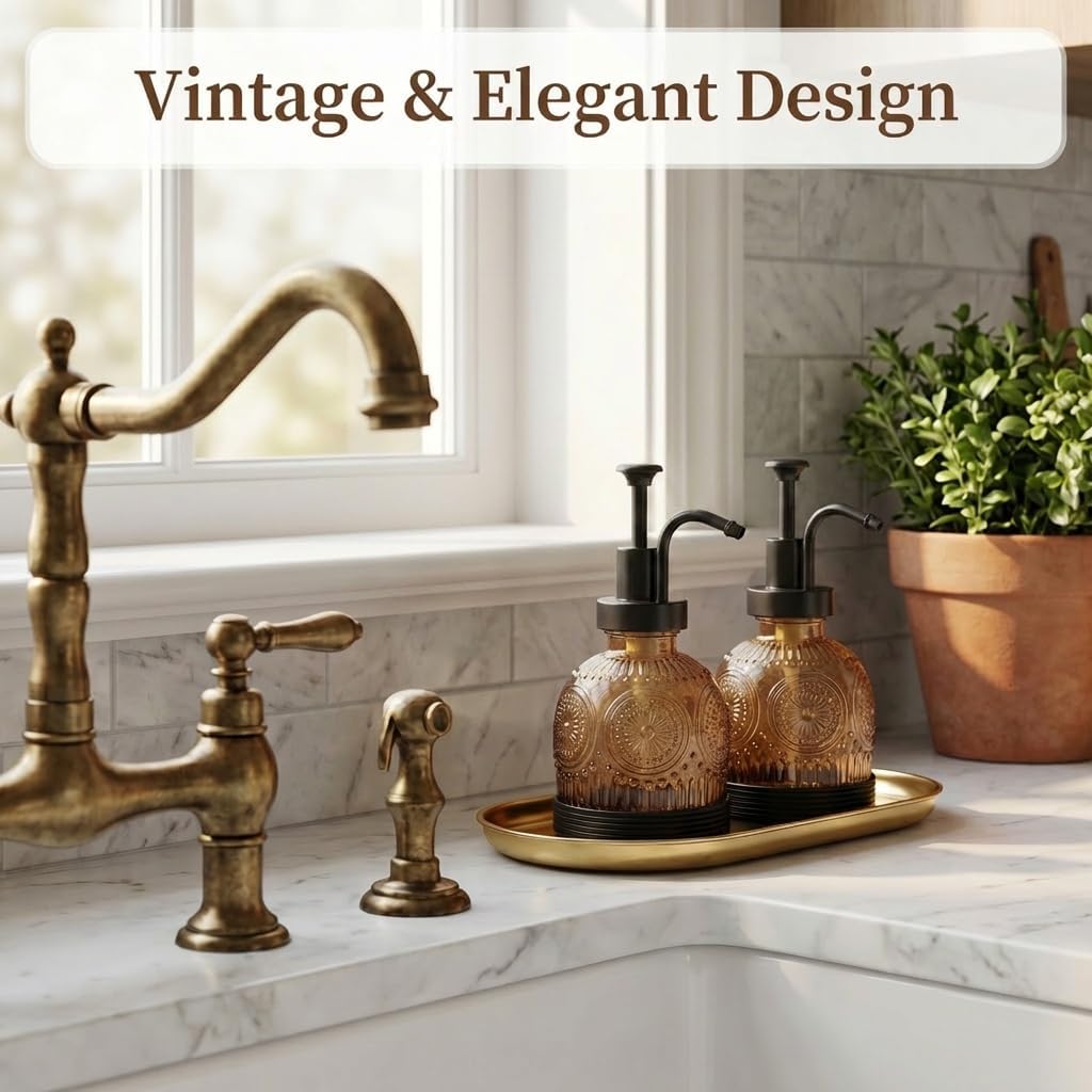 Glass Hand and Dish Soap Dispenser Set, Vintage Farmhouse Refillable Soap Dispenser with Black Pump & Non-Slip Mat, for Bathroom Kitchen Shampoo Lotion, Rustic Antique Decor (2 PCS, Brown)