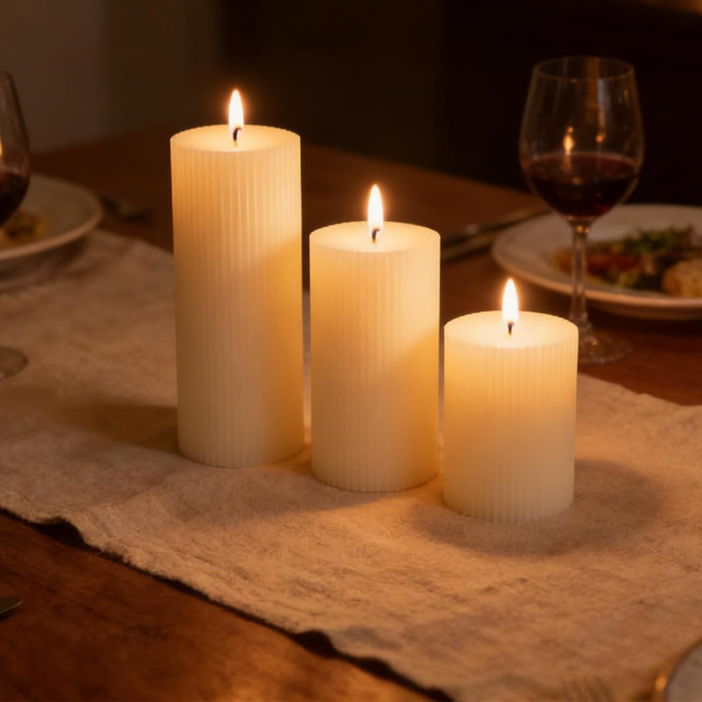 Ribbed Pillar Candles 3x4 Inch 6 Pack White Soy Candles