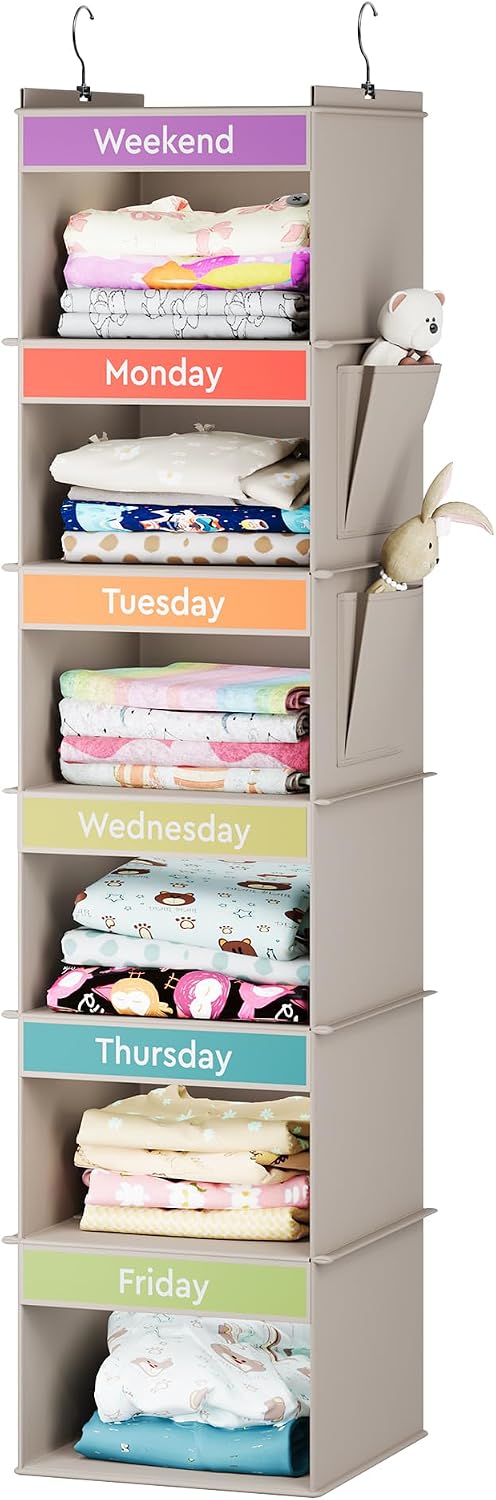 YOUDENOVA Weekly Clothes Organizer for Kids, Hanging Closet Organizer, Grey