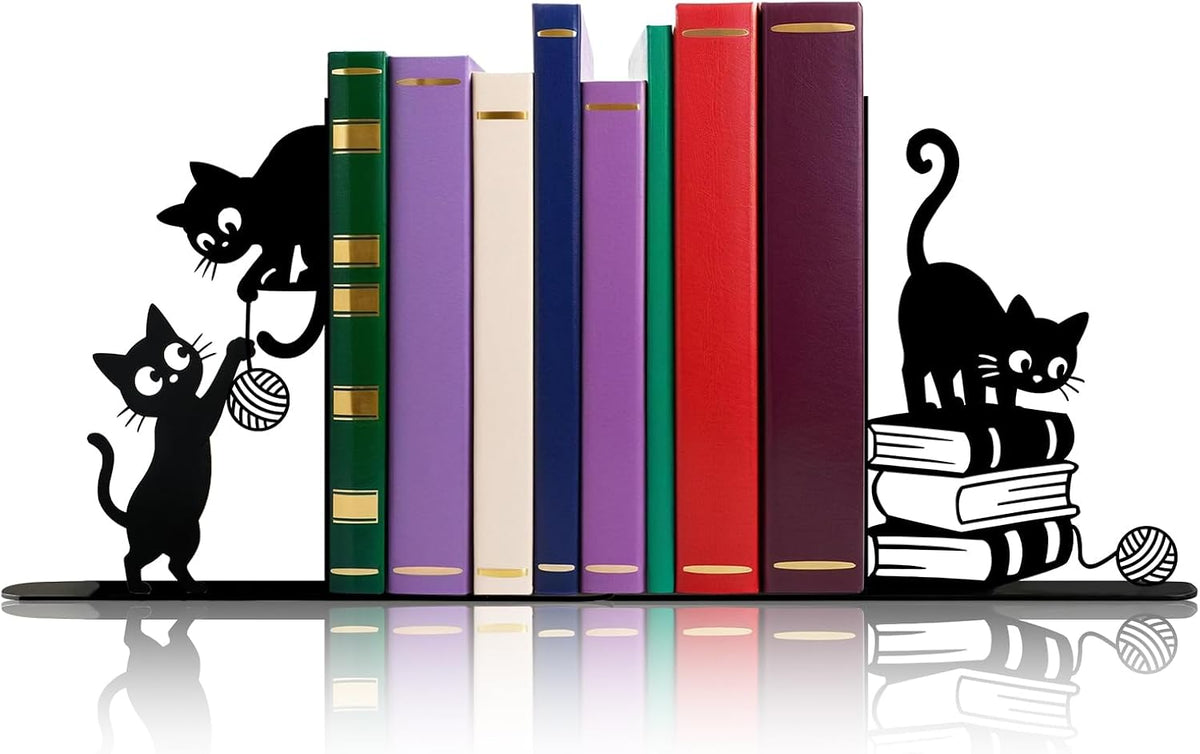 Funny Cat Bookends Metal Black Cat Book Ends for Shelves Decorative Bookshelf Home Office Desk Bookshelf Decor Gift for Cat Lovers and Reading Enthusiasts