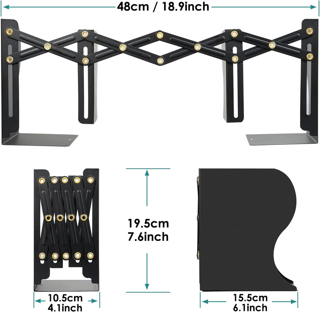 Hossejoy Adjustable Bookends, Heavy Duty Metal Book Ends, Expandable Bookcase Book Holder Stand Shelf Rack for Student Office Book File Organizer Storage, Extends up to 19 inches (Black)