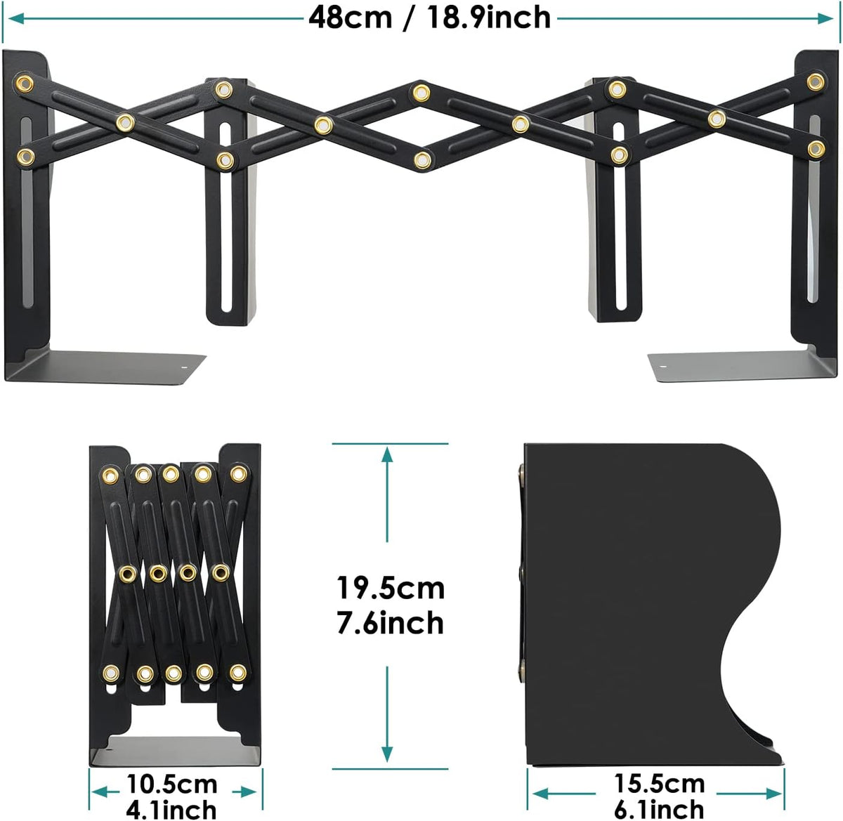 Hossejoy Adjustable Bookends, Heavy Duty Metal Book Ends, Expandable Bookcase Book Holder Stand Shelf Rack for Student Office Book File Organizer Storage, Extends up to 19 inches (Black)