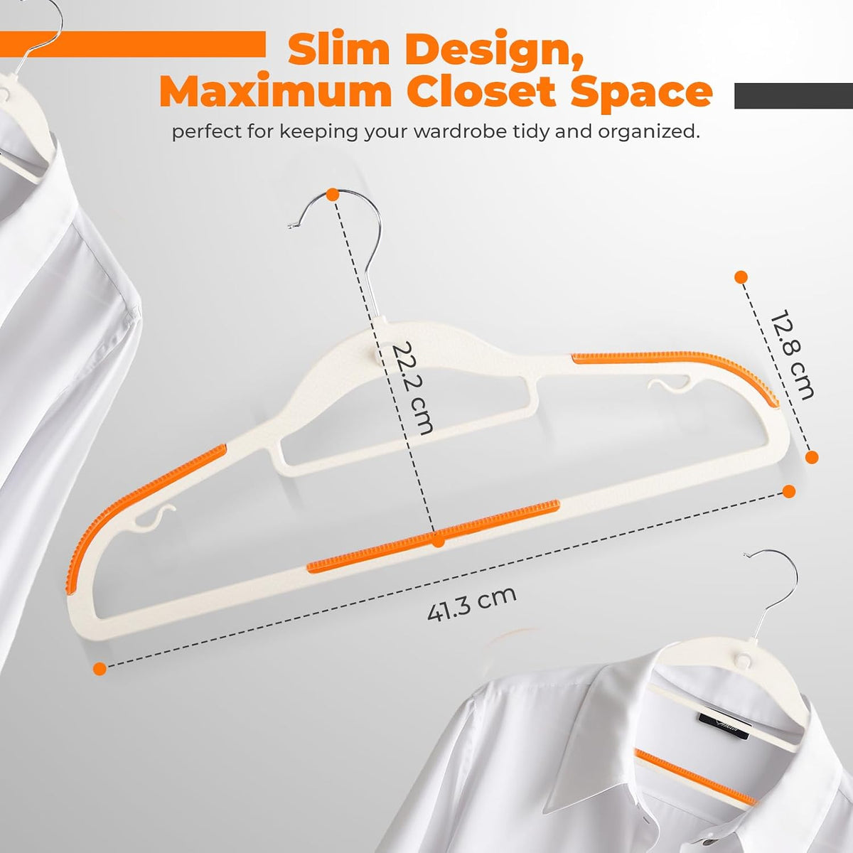 Lightweight White Plastic Hangers 20 Pack with Cascading Hook, Space Saving Thin, Closet Organizer, Orange Anti-Slip Pads, 360° Swivel, Tie Holder