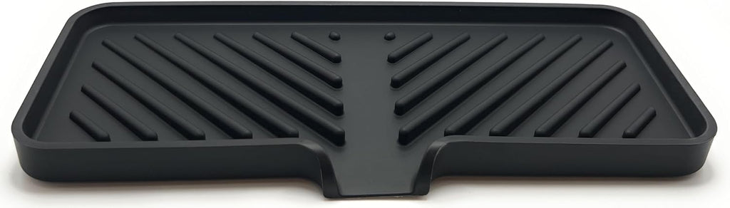 Silicone Soap Dish Tray and Sponge Holder with Drain Chute and Feet | 3-Way Sloped Design | Bathroom and Kitchen Sink Organizer Caddy (Black, 10"x4", 7.8 Ounces)