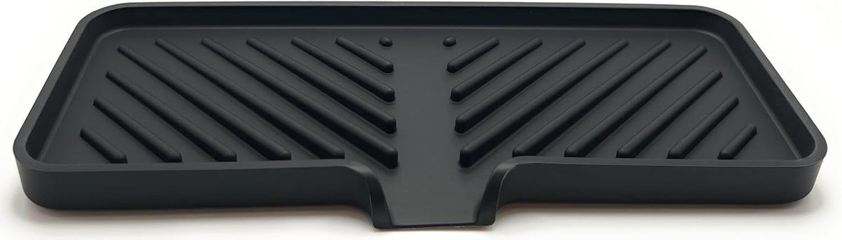 Silicone Soap Dish Tray and Sponge Holder with Drain Chute and Feet | 3-Way Sloped Design | Bathroom and Kitchen Sink Organizer Caddy (Black, 10"x4", 7.8 Ounces)