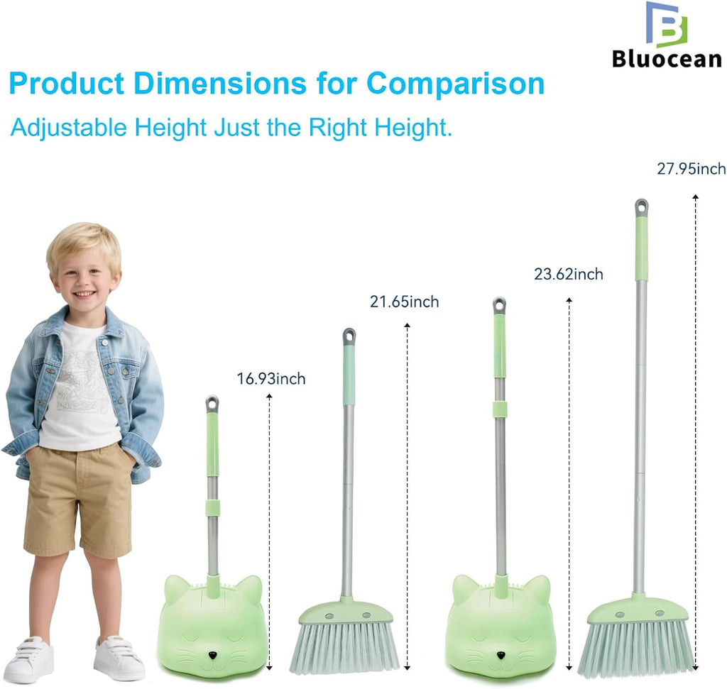 28'' Kids Mini Broom and Dustpan Set-Toddler Cleaning Toy, Toddler Household Helper, Parent-Child Interactive Play Cleaning Tool, Cute Cartoon Design, Small Safe Corner Broom (Green)