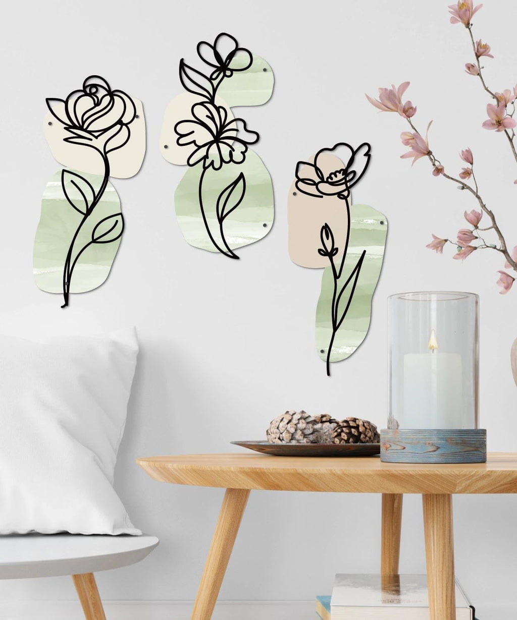 Putuo Decor Metal Flower Wall Decor, 3PCS Minimalist Floral Wall Art, Boho Spring Wall Sculptures for Living Room Bedroom Bathroom Kitchen, Modern Metal Flowers Decorations