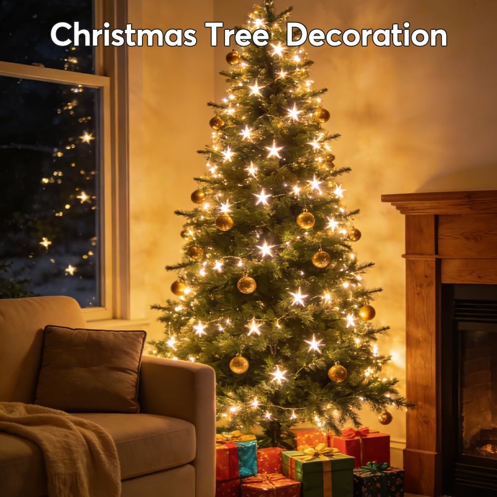 RaThun 49.2ft Star String Lights with Remote for Indoor Bedroom Warm White
