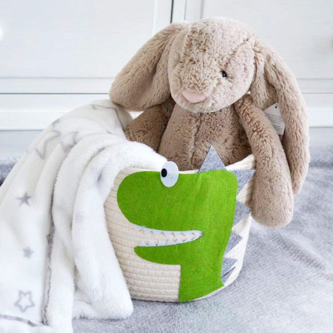 T&T Homewares Small Cotton Rope Basket with Cute Green Dinosaur for Baby Diaper Organizer, Woodland Nursery Storage, Kids Room Organizer, Baby Laundry Baskets, Cat Dog Toy Basket