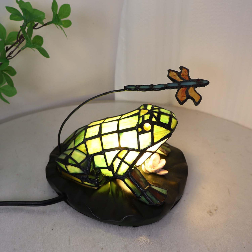 Bieye L12014 Frog and Dragonfly Tiffany Stained Glass Accent Table Lamp