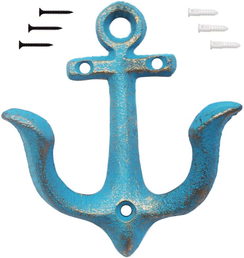KiaoTime (Blue) Vintage Rustic Cast Iron Nautical Anchor Design Wall Hooks Coat Hooks Rack, Decorative Wall Mounted Antique Shabby Chic Metal Home Bathroom Towel Coat Hooks Hanger