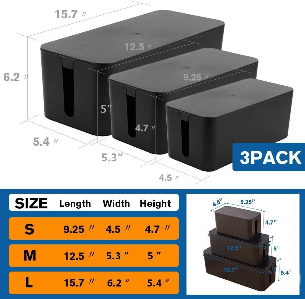 Cable Management Boxes Organizer, Large Storage Wires Keeper Holder for Desk, TV, Computer, USB Hub, System to Cover and Hide & Power Strips & Cords (Black)